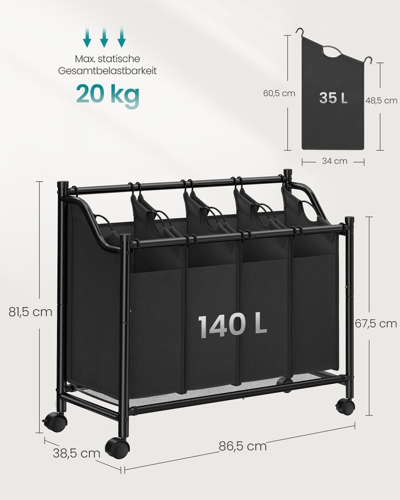 SONGMICS Wäschekorb mit 4 Stofftaschen
