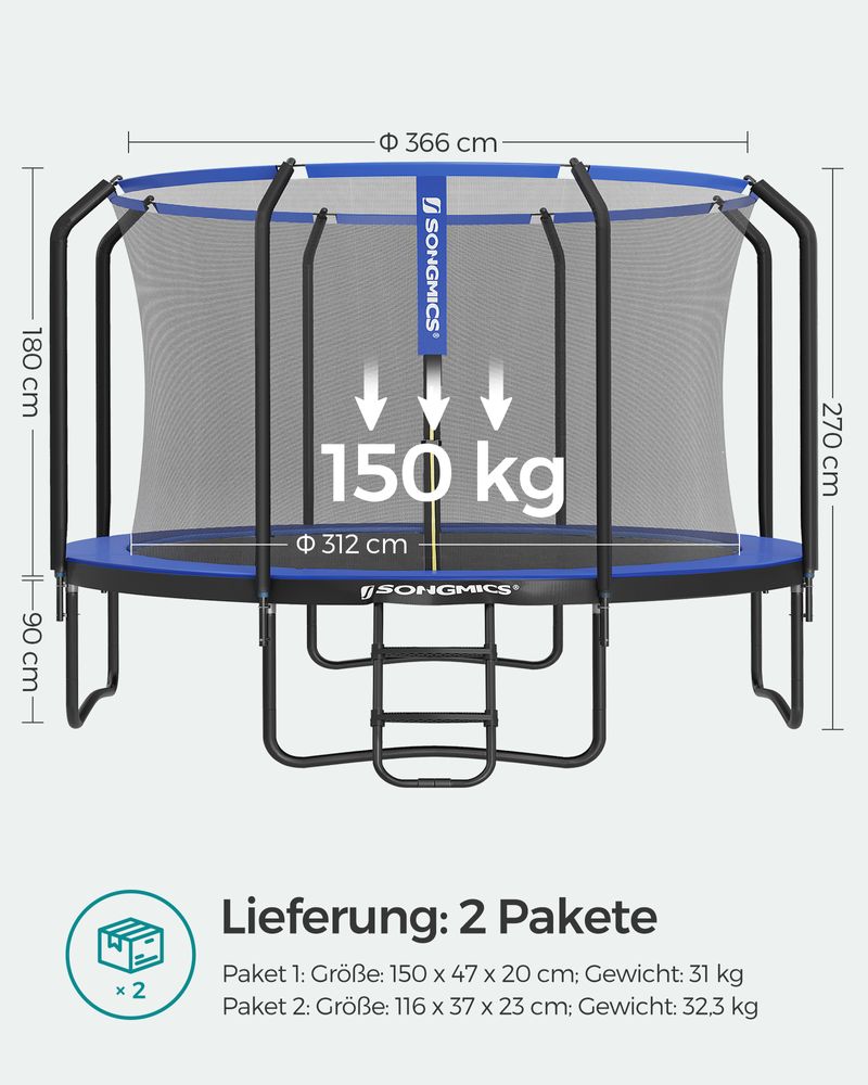 Trampolin Gartentrampolin Kinder 366cm Sports Sicherheitsnetz TÜV-GS STR12BK eB