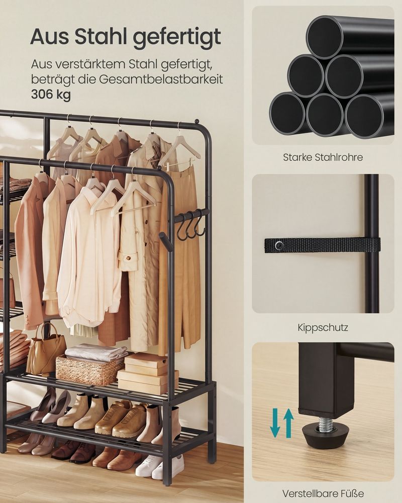 Offener Kleiderschrank mit Metallrahmen und mehreren Ebenen