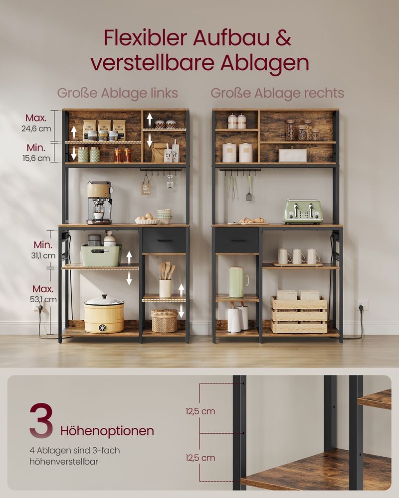 Küchenregal mit Steckdosen und Stoffschublade