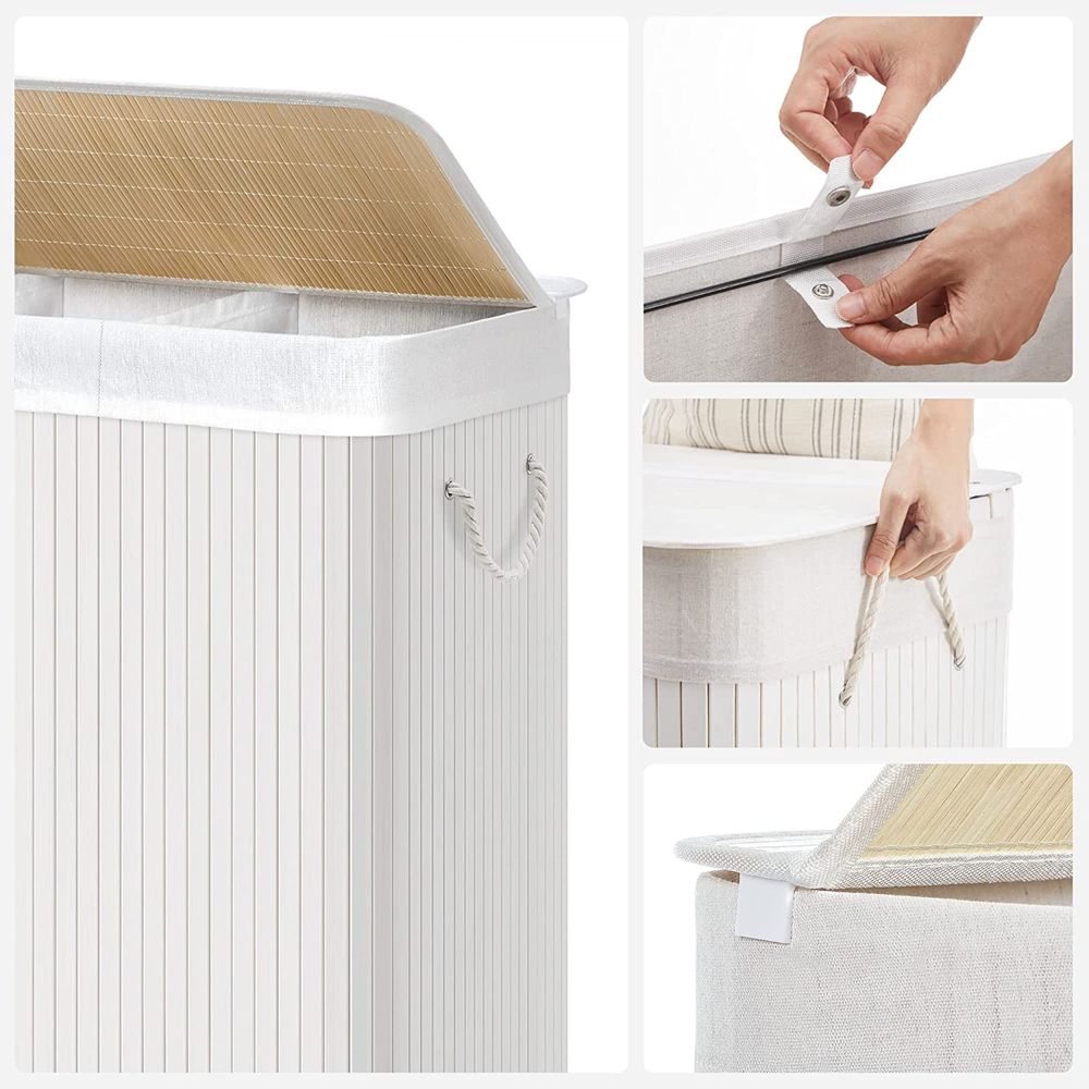 AMBIAVO® Wäschekorb 3 Fächer mit Rollen [beige, 100% Baumwolle, Bambus, 90  l Volumen] | Wäschesammler für Schmutzwäsche| Wäsche Sortiersystem 