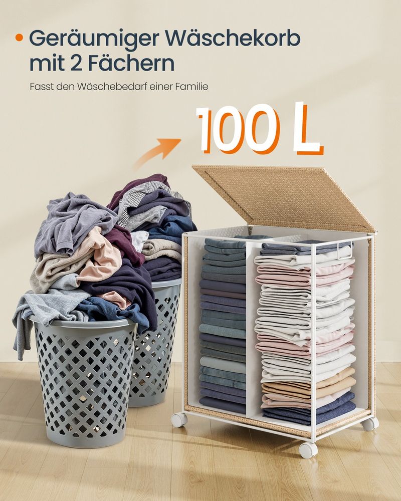 Wäschekorb mit Fächern und Rollen für die Wäschesammlung