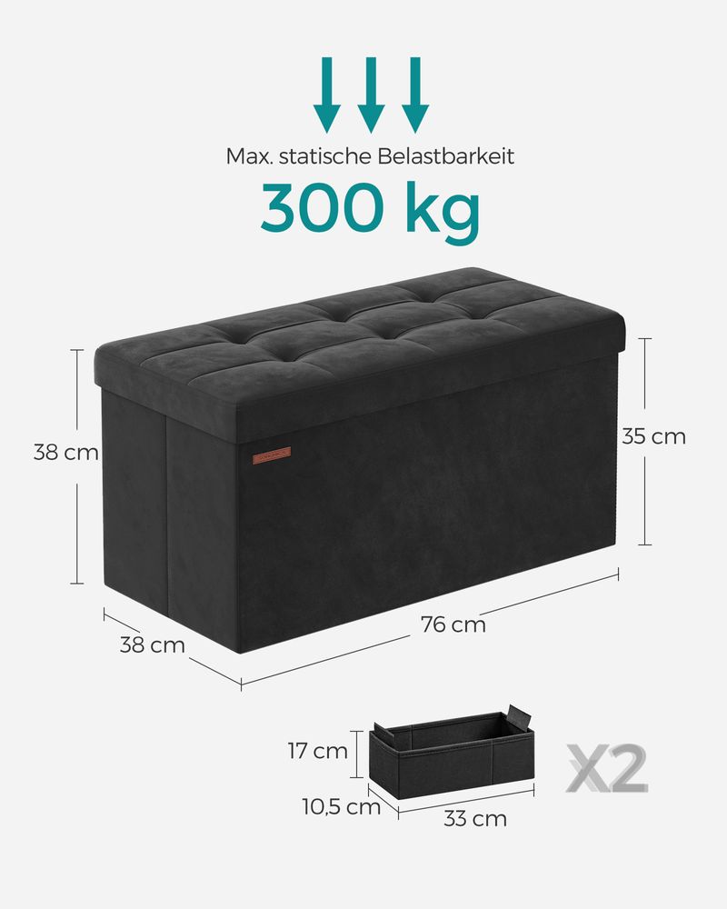 SONGMICS Sitzhocker mit Stauraum, klappbare Sitzbank, 38 x 76 x 38 cm Fußbank, Aufbewahrungsbox, bis 300 kg belastbar, für Wohnzimmer Schlafzimmer Flur, cremeweiß LSF247W01