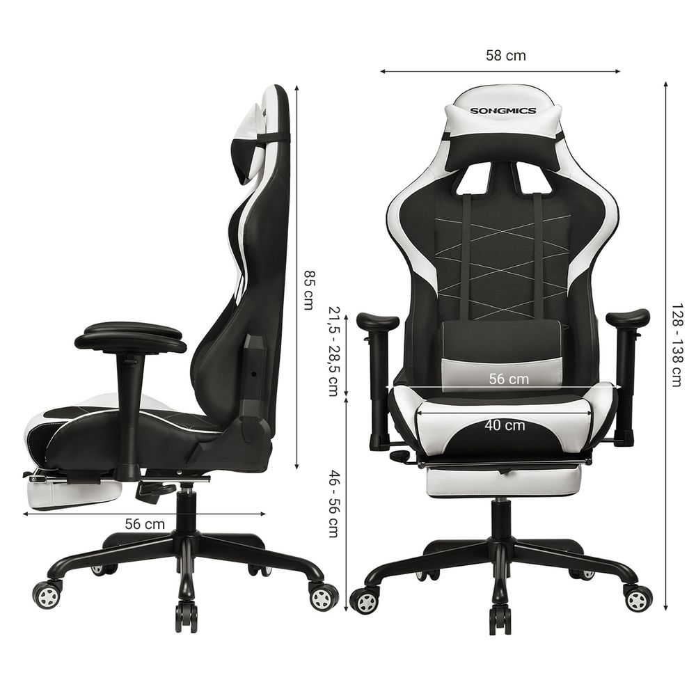 Gaming Stuhl mit Lautsprecher, Lenden- und Nackenstütze, Weiß+