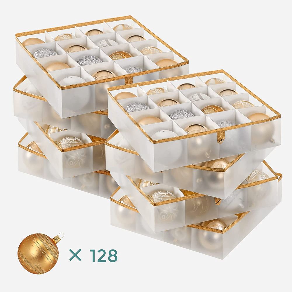  SONGMICS Aufbewahrungsbox für Weihnachtskugeln, Weihnachtskugeln  Aufbewahrung, 128 Fächer je 8 cm, aus Kunststoff, Deckel, 2  Reißverschlüsse, 8 Tabletts, seitliche Griffe, sandiges Gold RFB029A01