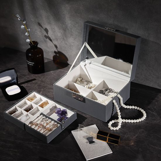 SONGMICS Schmuckschatulle, PU, Schmuckkästchen, Stauraum auf 2 Ebenen