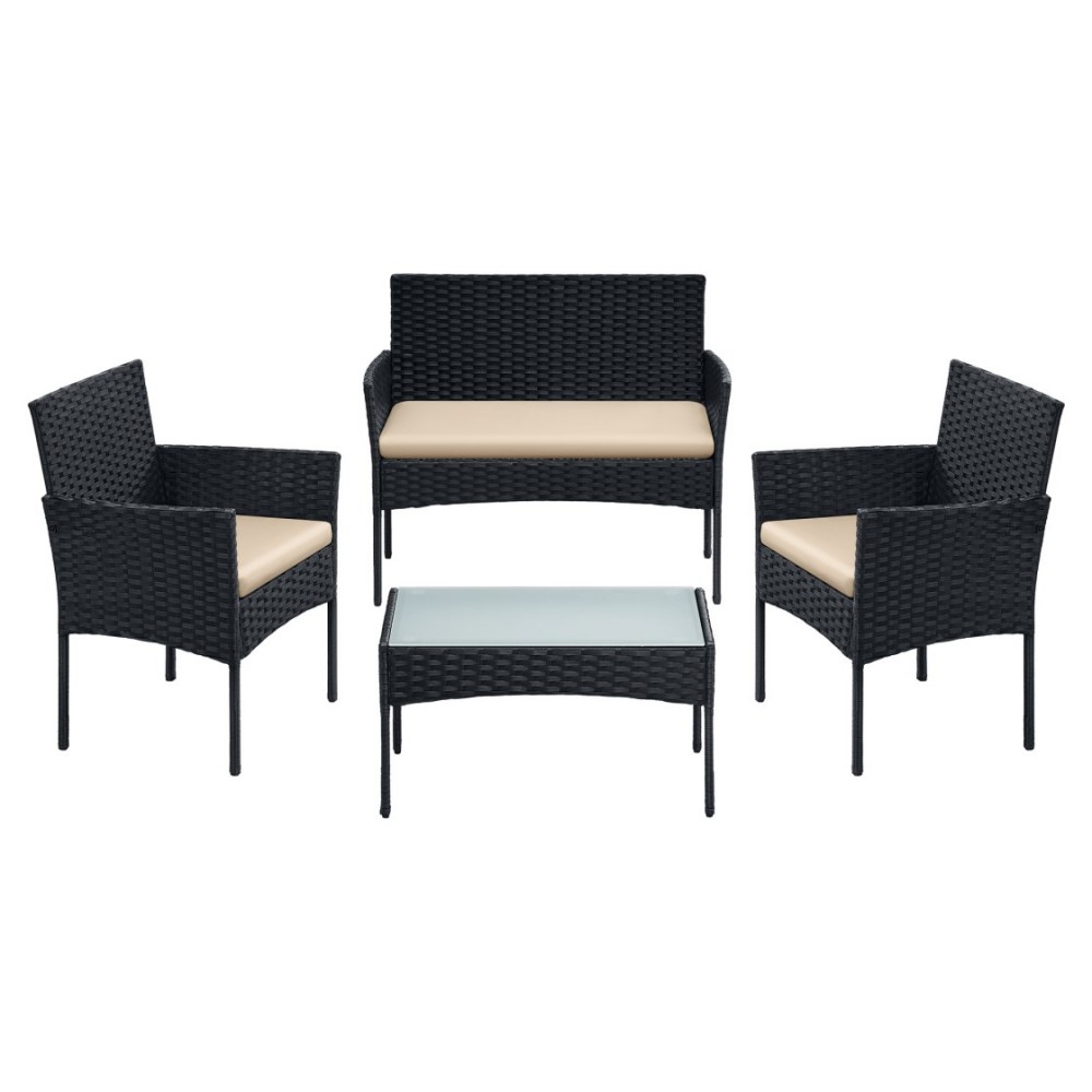 Gartenmöbel 4er Set PE-Polyrattan Tisch 2 Stühle 2-Sitzer-Bank schwarz-Taupe