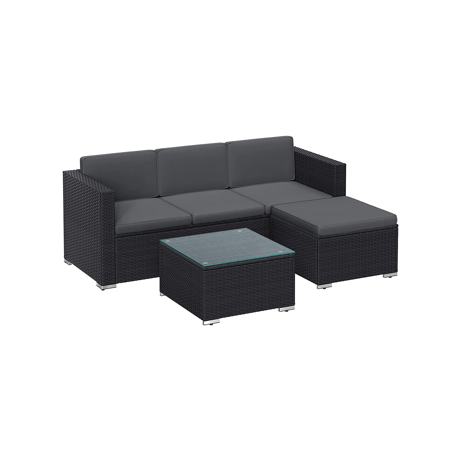 Gartenmöbel-Set mit Kissen und Glastisch schwarz-grau