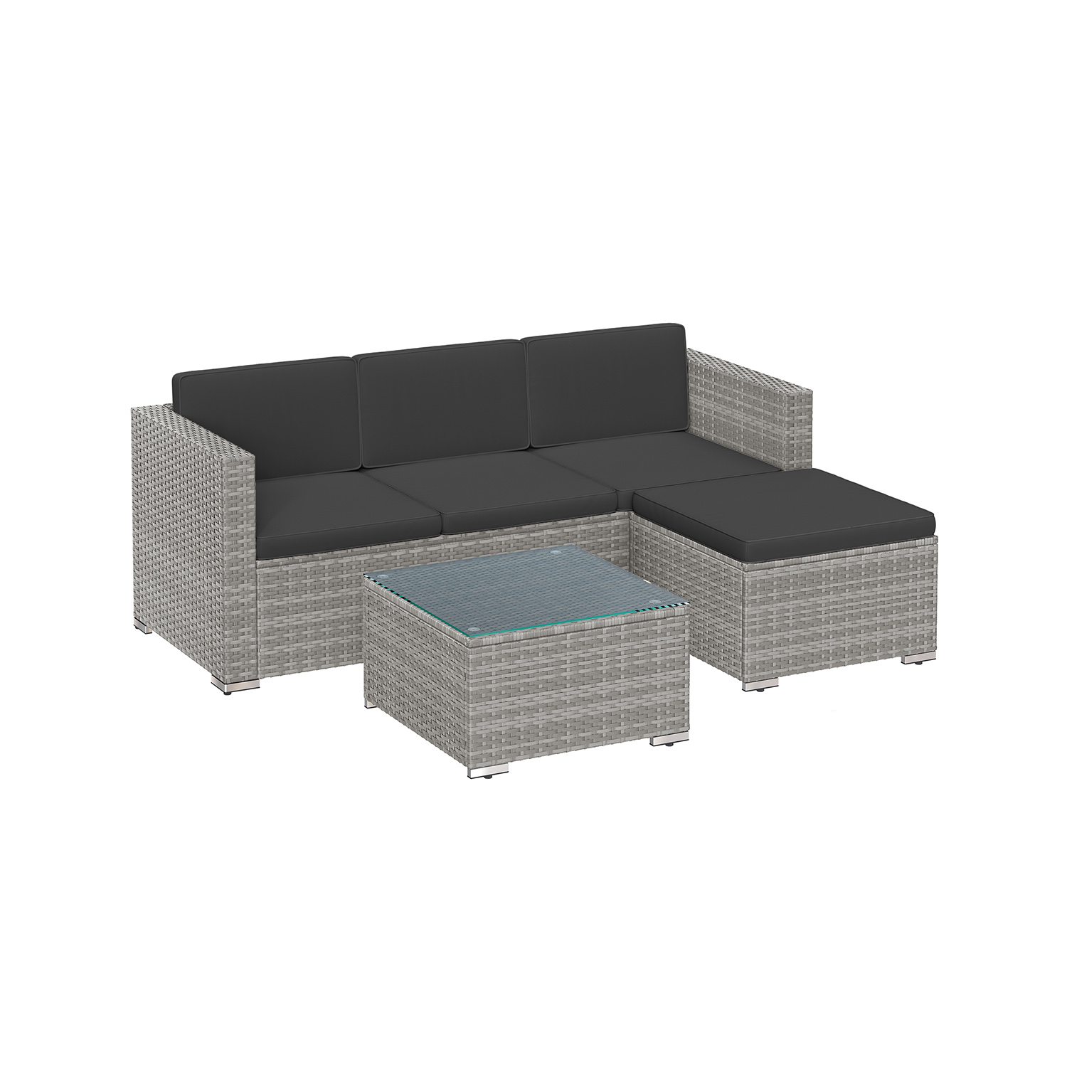 Balkonmöbel aus PE-Polyrattan mit Kissen und Glastisch