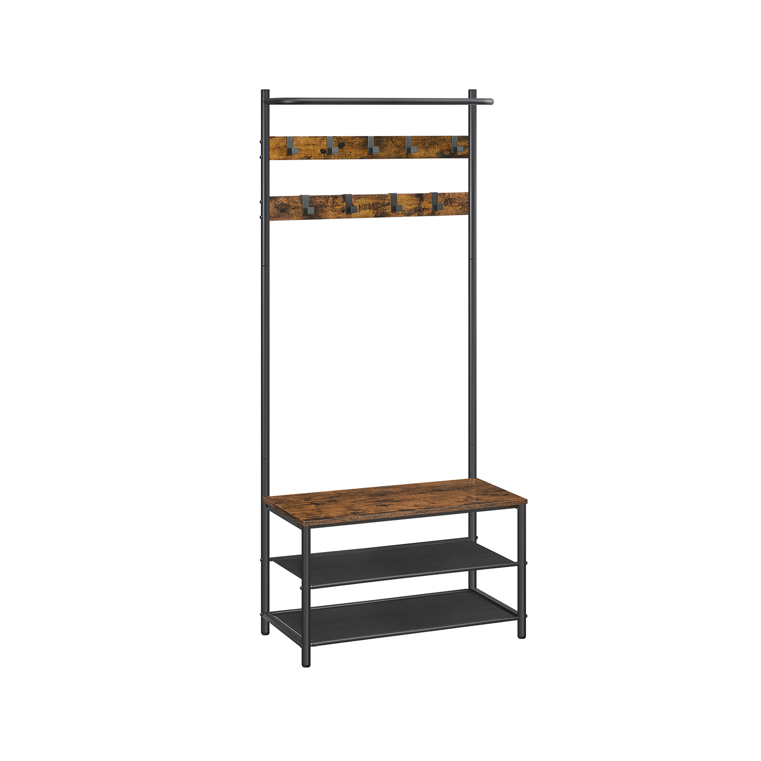 VASAGLE Garderobenbank mit Haken und Schuhrost HSR411B01 braun, schwarz Metall 64,0 cm
