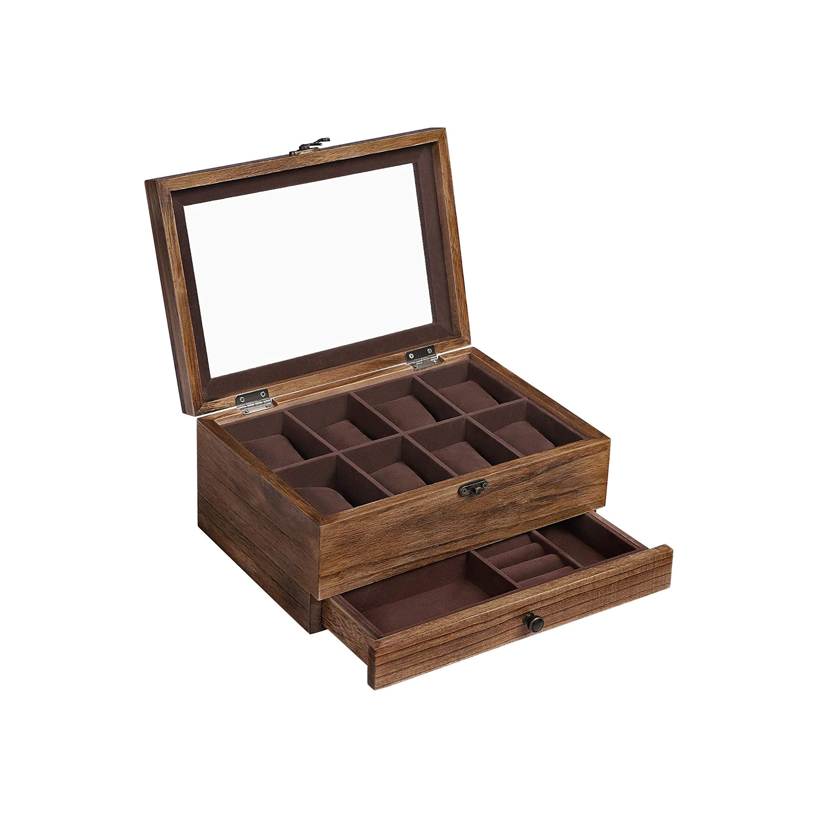 Uhrenbox mit 8 Fächern 2-stöckiges Uhrengehäuse aus Holz mit großem Glasdeckel Kissen Samtfutter Schmuckschatulle Geschenk für geliebte