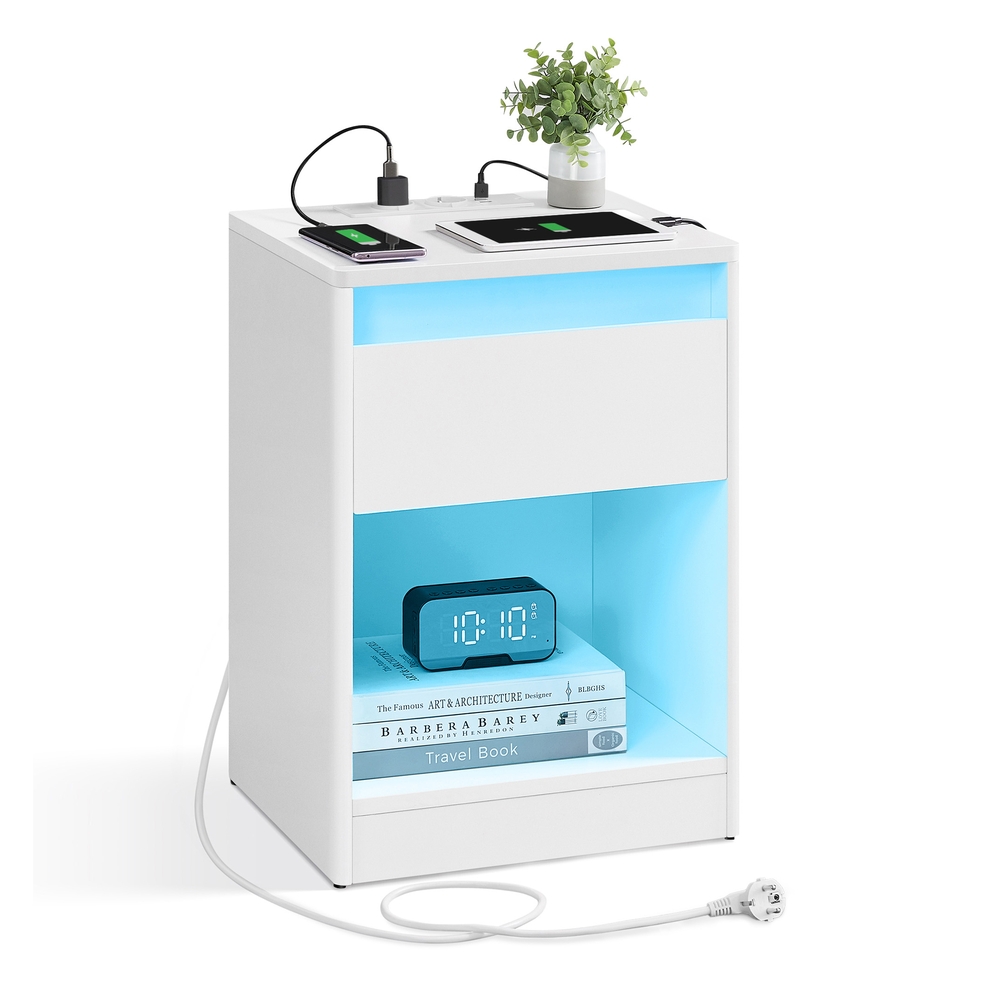 VASAGLE Nachttisch mit Einstellbarer LED-Beleuchtung, Beistelltisch mit Steckdosen, Schublade, 2