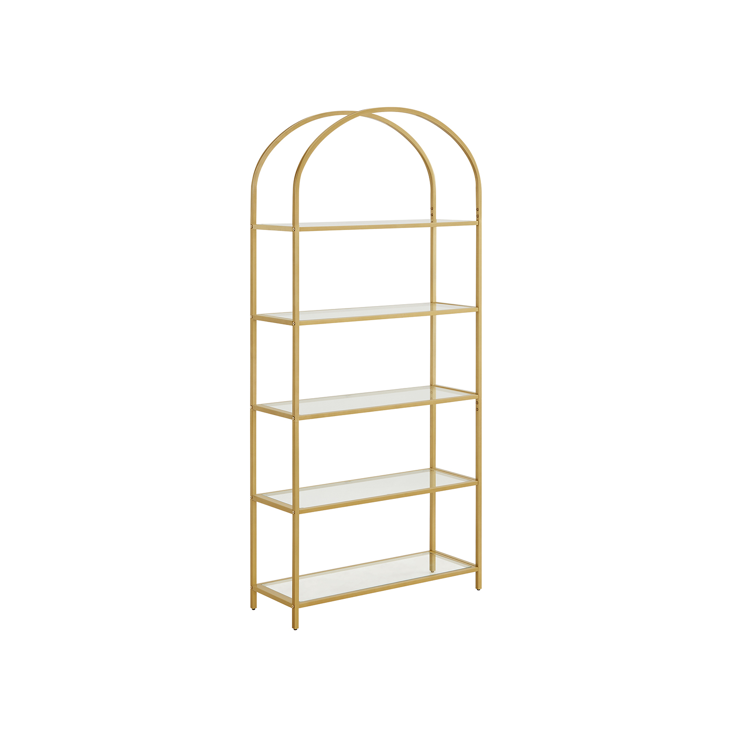 5-stufiges Regal Regal aus gehärtetem Glas gewölbte Struktur Stahlstruktur für Wohnzimmer Arbeitsbad Goldfarbe LGT050A01