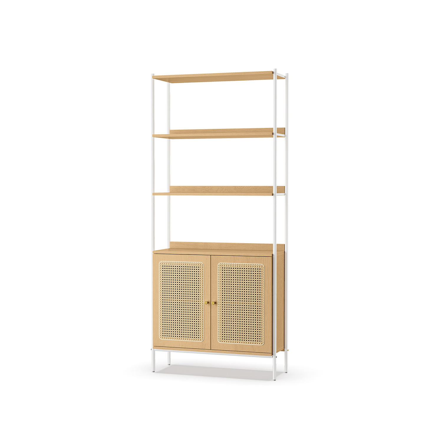 Bücherregal mit Türen in Rattan-Optik eichenbeige-perlweiß
