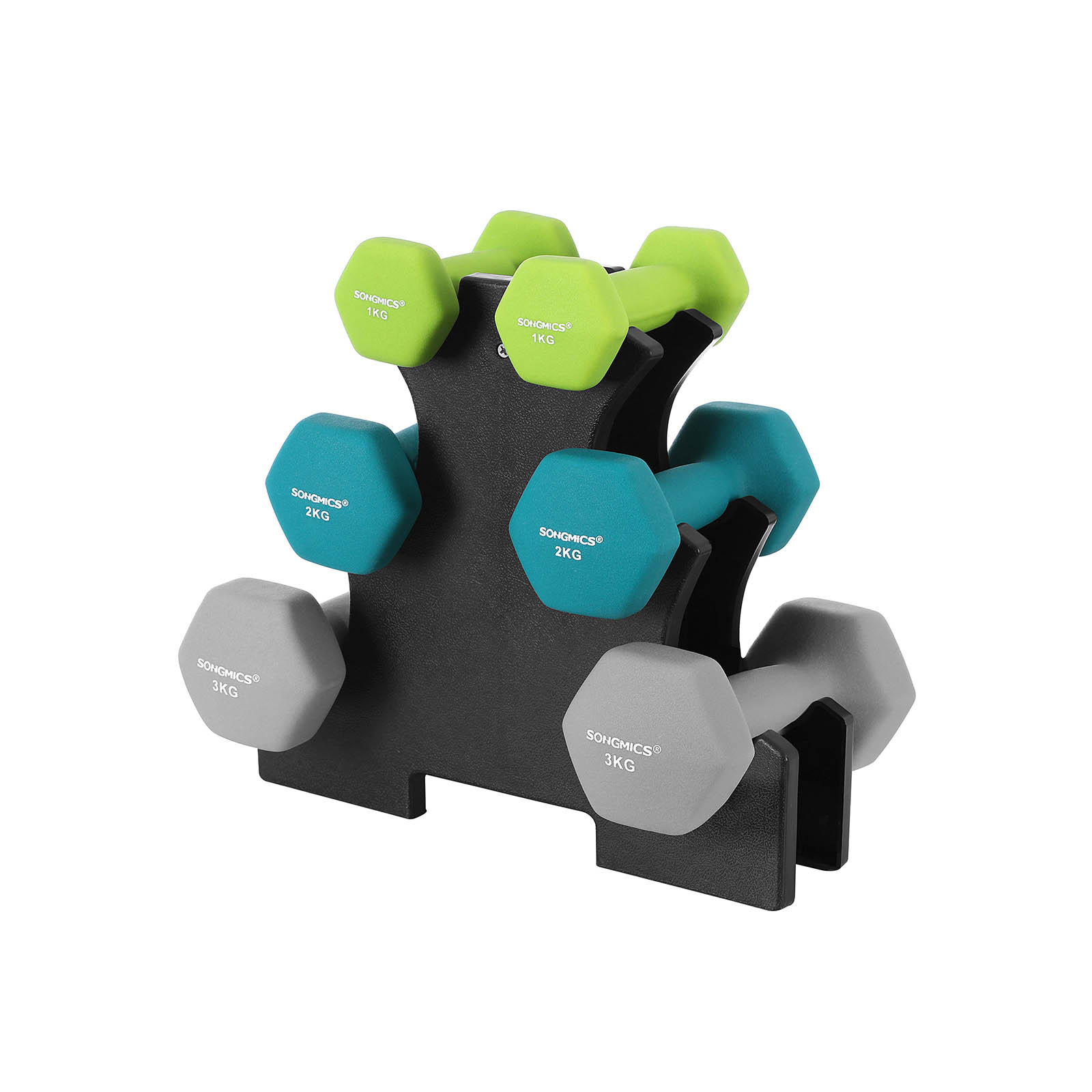 Songmics - Kurzhantel Set Hanteln Hexagon mit Hantelständer 2 x 1 kg 2 x 2 kg 2 x 3 kg limettengrün aquamarin grau Mattes Finish