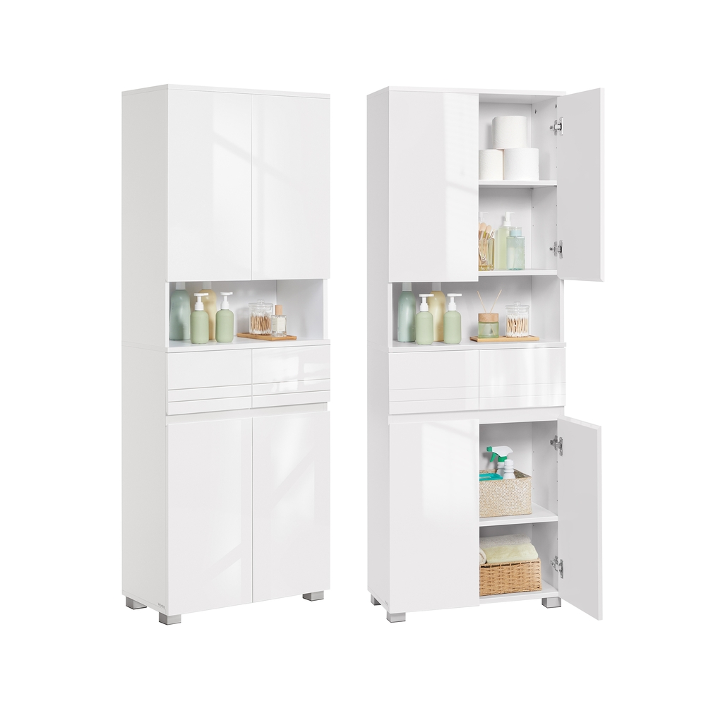 Schmaler Hochschrank mit Glastür und Füßen wolkenweiß
