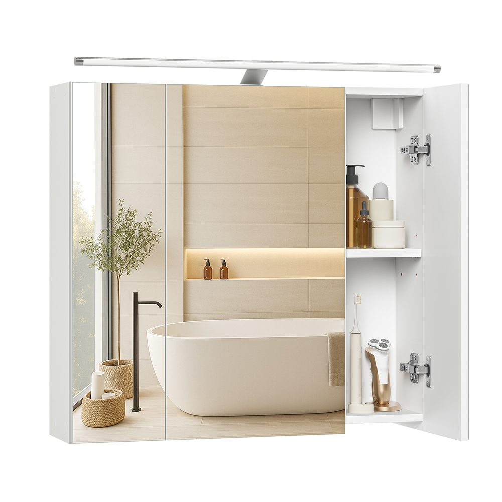 Vasagle Kailyn Kollektion - Spiegelschrank Bad Mit Beleuchtung, Badezimmerschrank Mit 3 Türen, Wandschrank Mit Verstellbaren Ablagen, Moderner Stil,