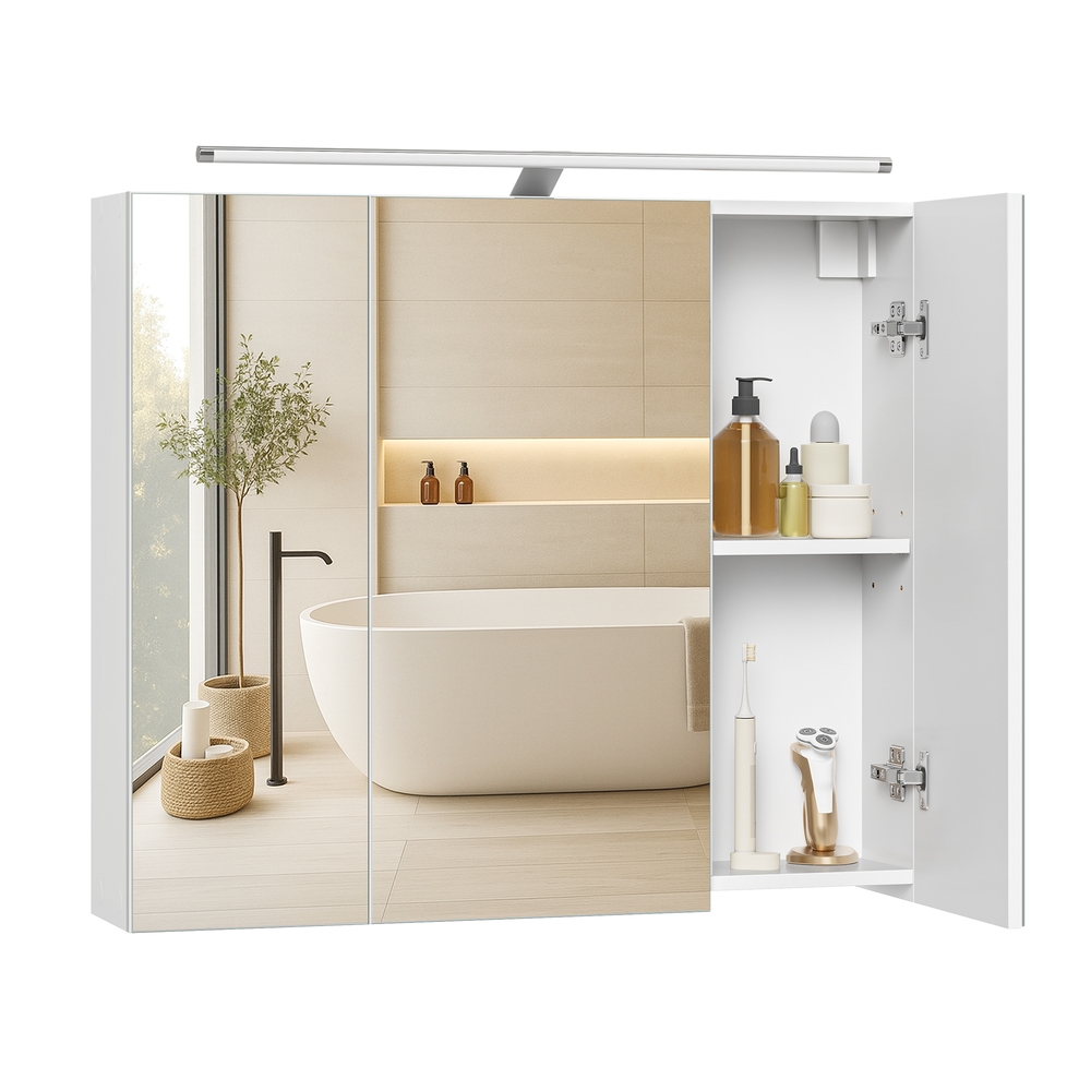 Vasagle Kailyn Collection BBK139WB01 Badezimmerschrank Mit 3 Spiegeltüren Und Beleuchtung, Verstellbare Regale, Moderner Stil, 15 X 70 X 60 Cm, Wolkenweiß