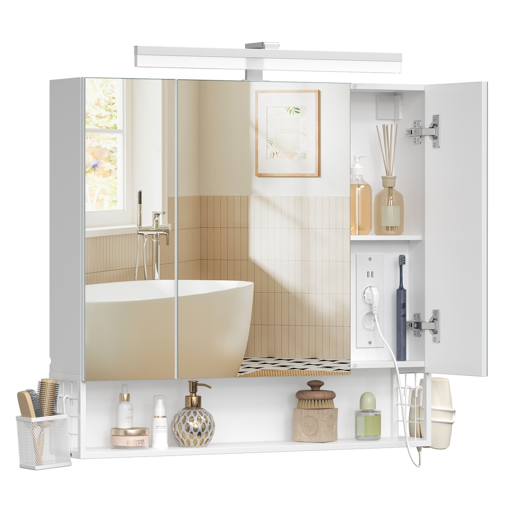 Spiegelschrank weiß 80x16,5x75 cm 3 Spiegeltüren Beleuchtung