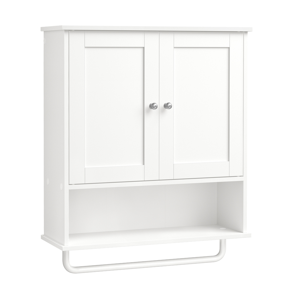VASAGLE SIREN Kollektion - Hängeschrank, Badezimmerschrank mit Handtuchhalter，Wandschrank, offenes Fach, verstellbare Ablage, doppelte Türen, Landhausstil, wolkenweiß BBK149WB01
