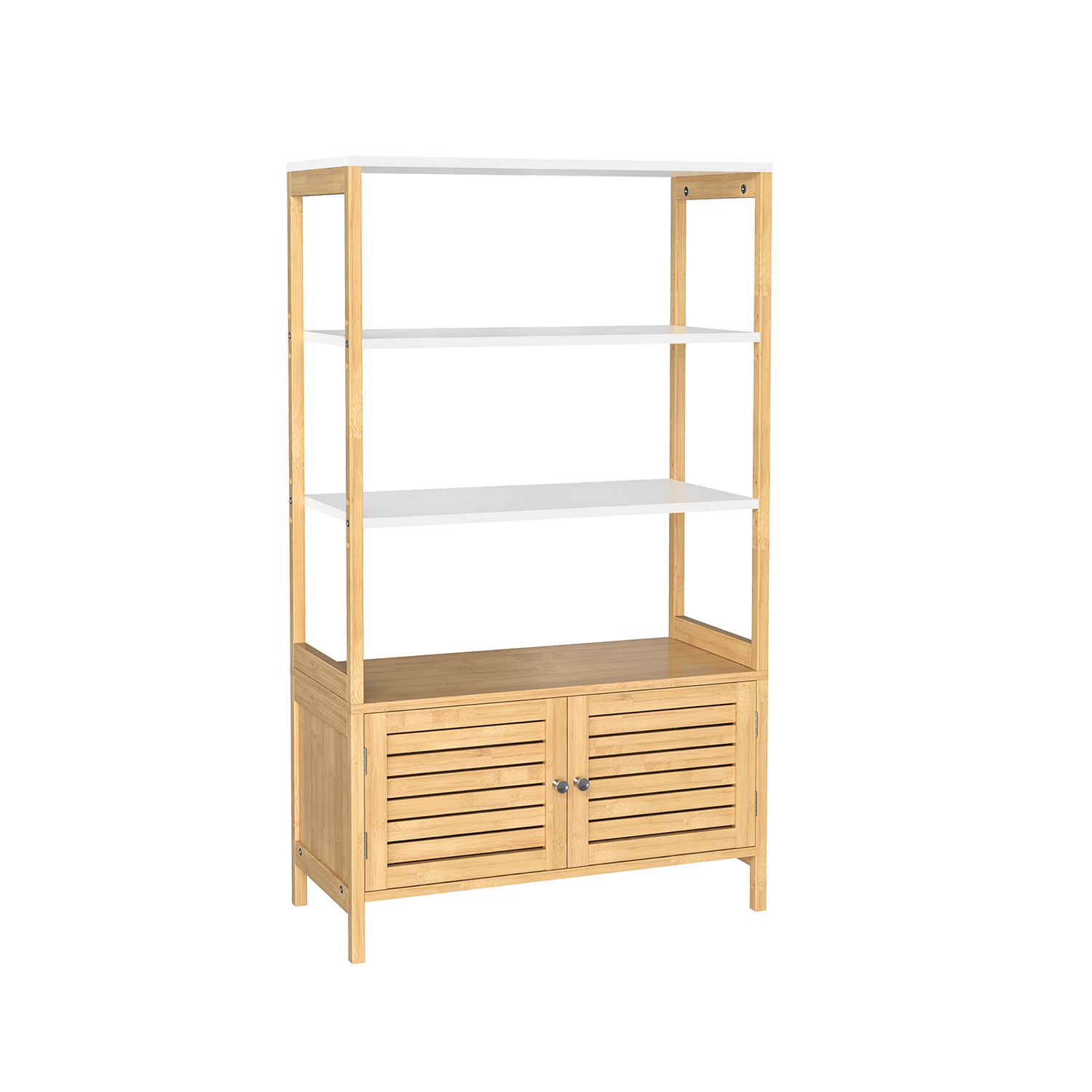 Badezimmerschrank Aufbewahrungsschrank mit 3 offenen Fächern und 2 Türen aus Bambus 70 x 30 x 120 cm naturfarben-weiß BCB010N01 - naturfarben-weiß