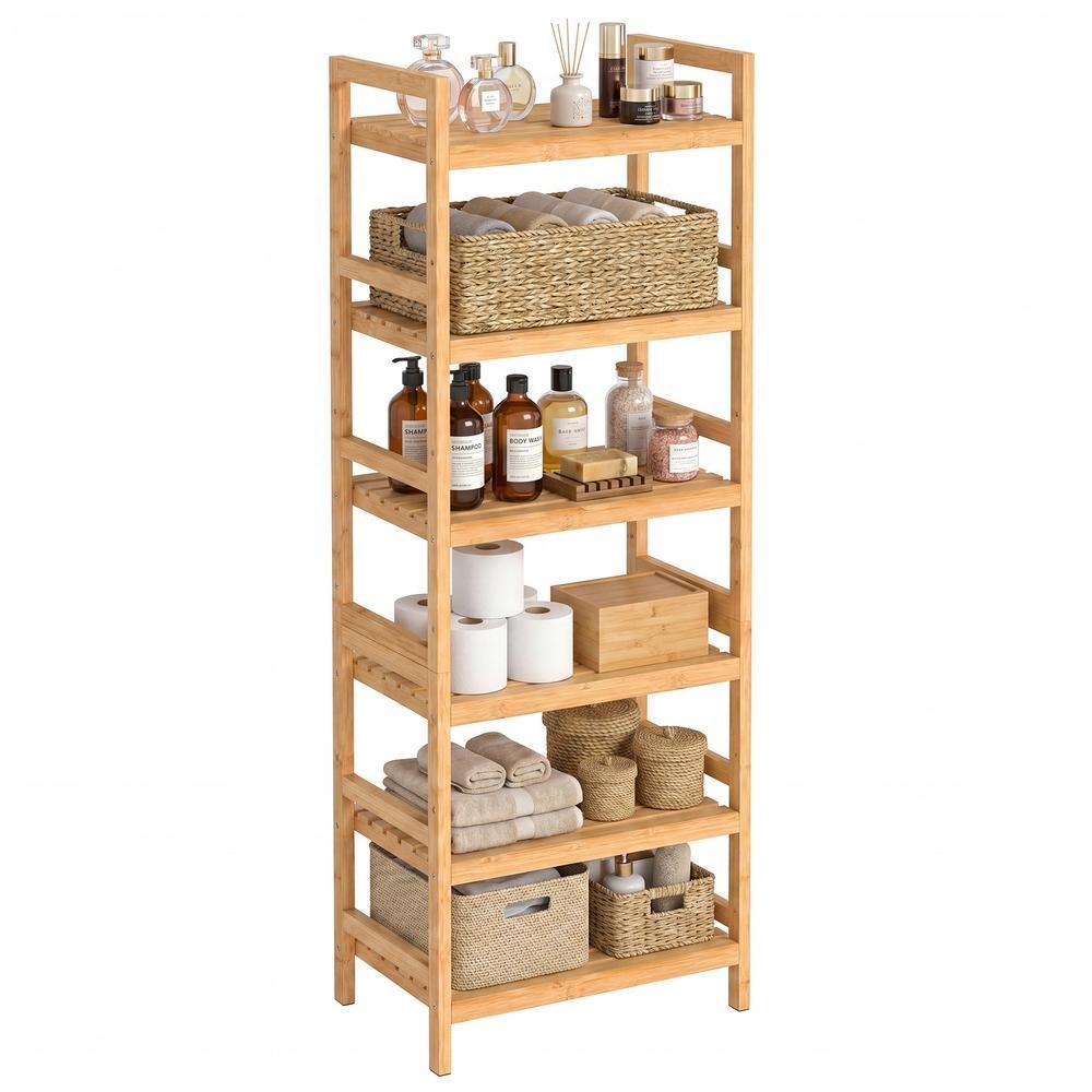 Bambus Regal Badregal Stehend Verstellbar mit 6 Ebenen 43 x 30 x 173 cm Natur