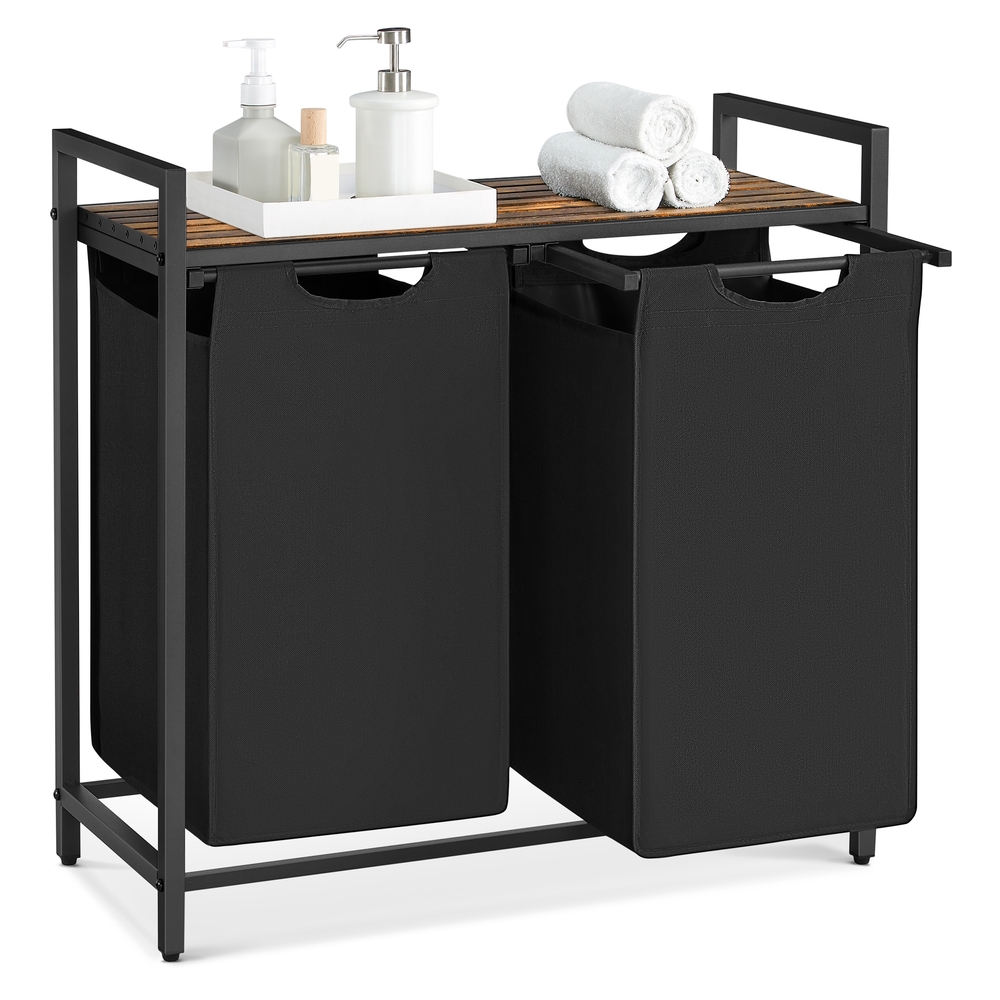 Wäschekorb Wäschekorb 2 leicht erweiterbare und abnehmbare Wäschesäcke aus Oxford-Stoff Metallrahmen 2 x 46 l 73 x 33 x 72 cm rustikales Braun