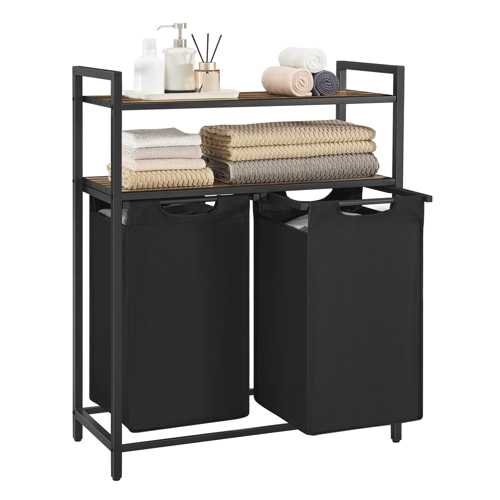 VASAGLE Wäschekorb 2 Fächer, mit 2 Ablagen, 92 l | Wäschesammler, Wäschesack ausziehbar und abnehmbar, Tintenschwarz und Vintagebraun, BRENTA Kollektion BLH211B01