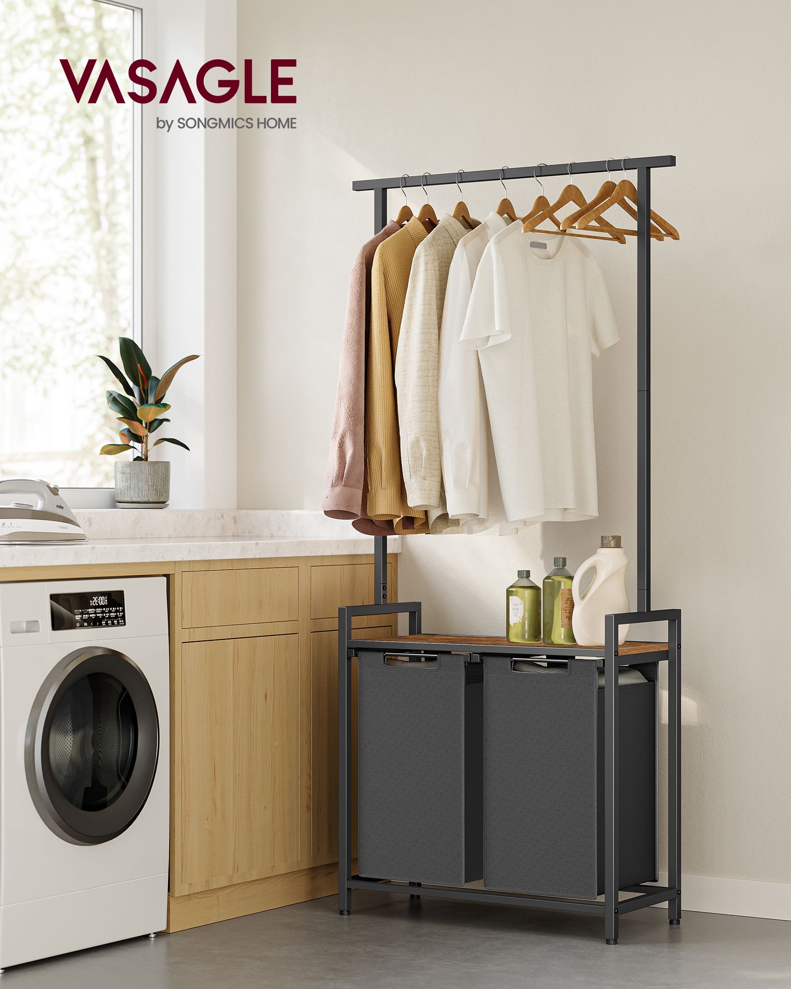 Skalbinių krepšys 2 x 46 l su drabužių turėklu ir lentyna