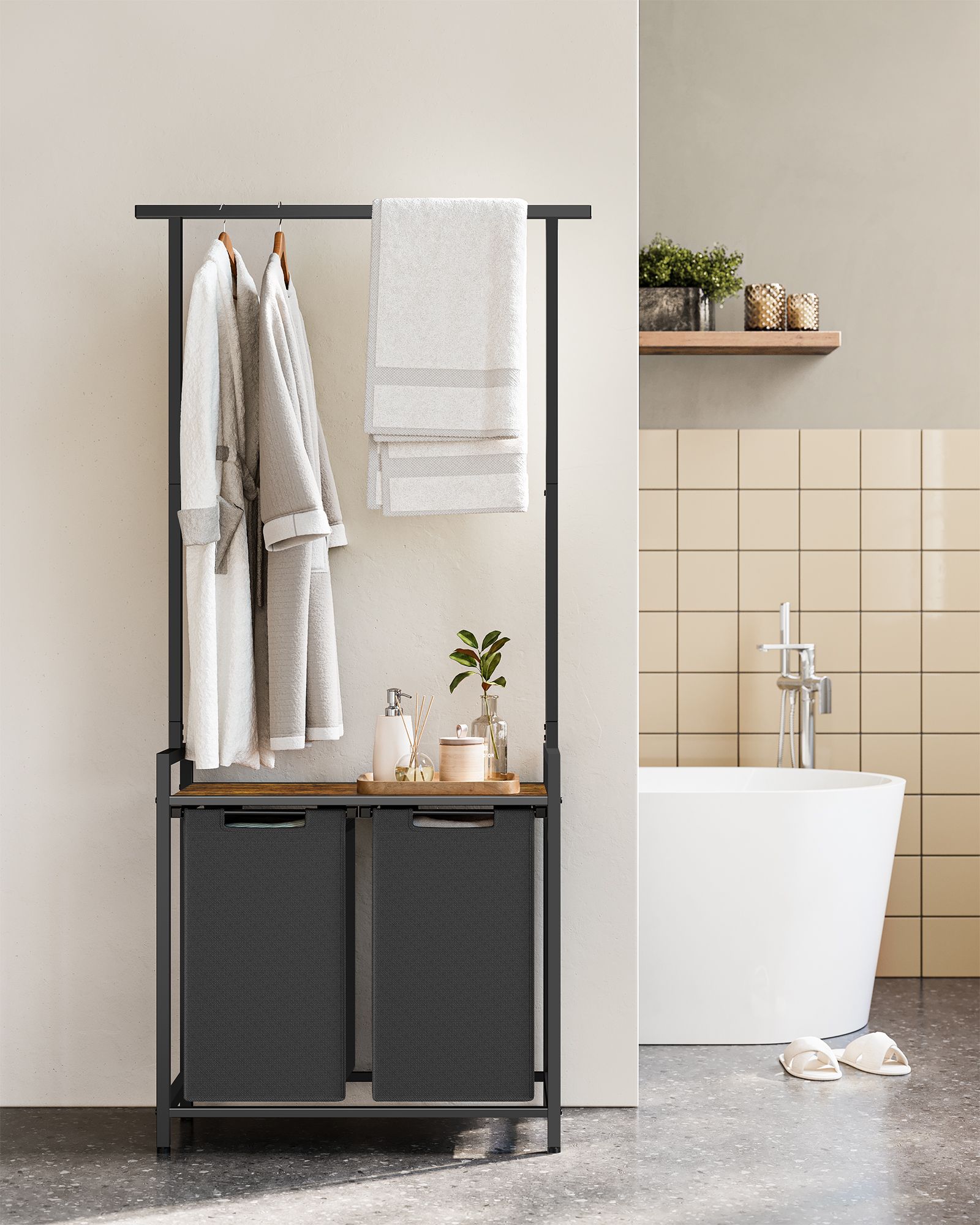 Skalbinių krepšys 2 x 46 l su drabužių turėklu ir lentyna