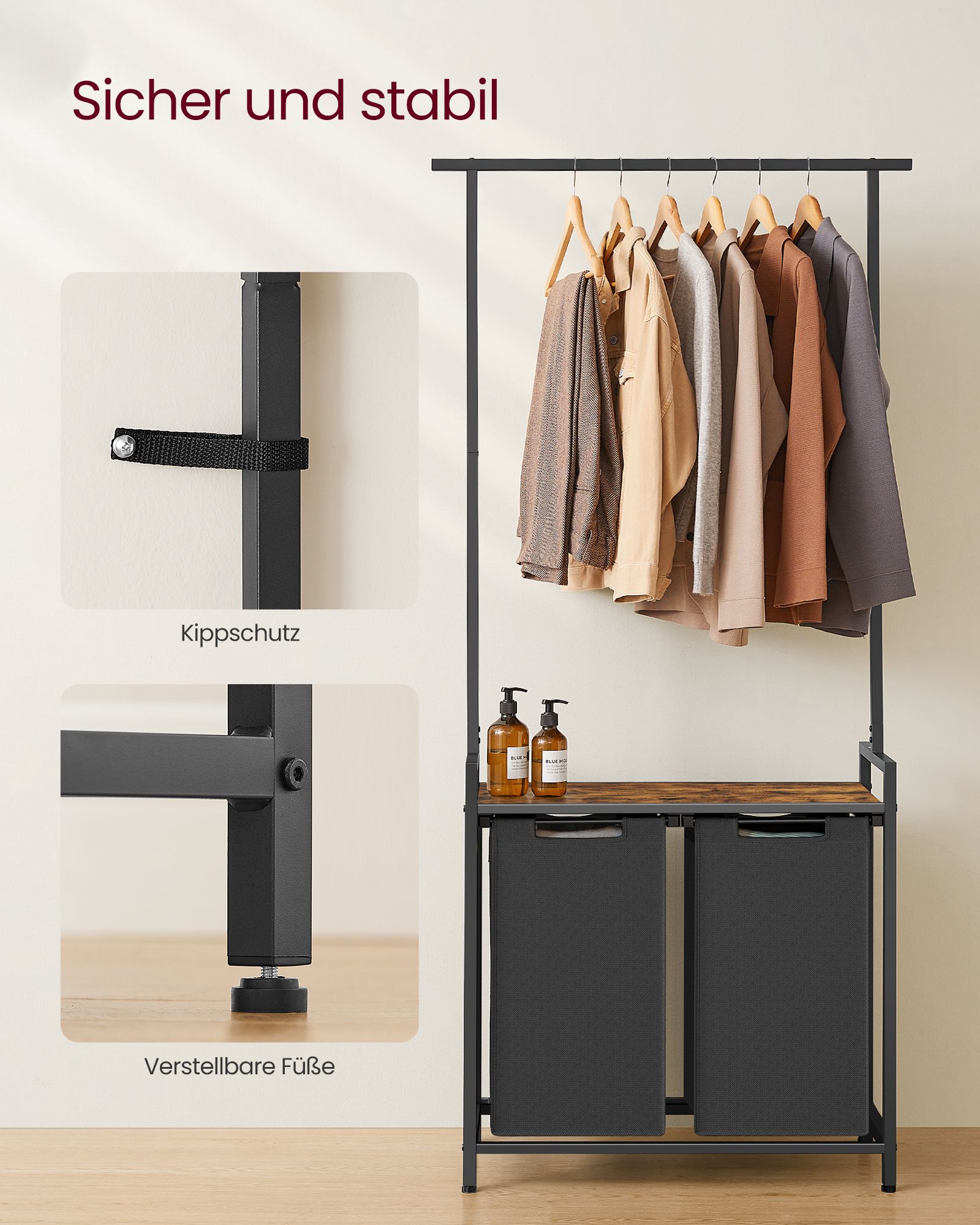 Skalbinių krepšys 2 x 46 l su drabužių turėklu ir lentyna