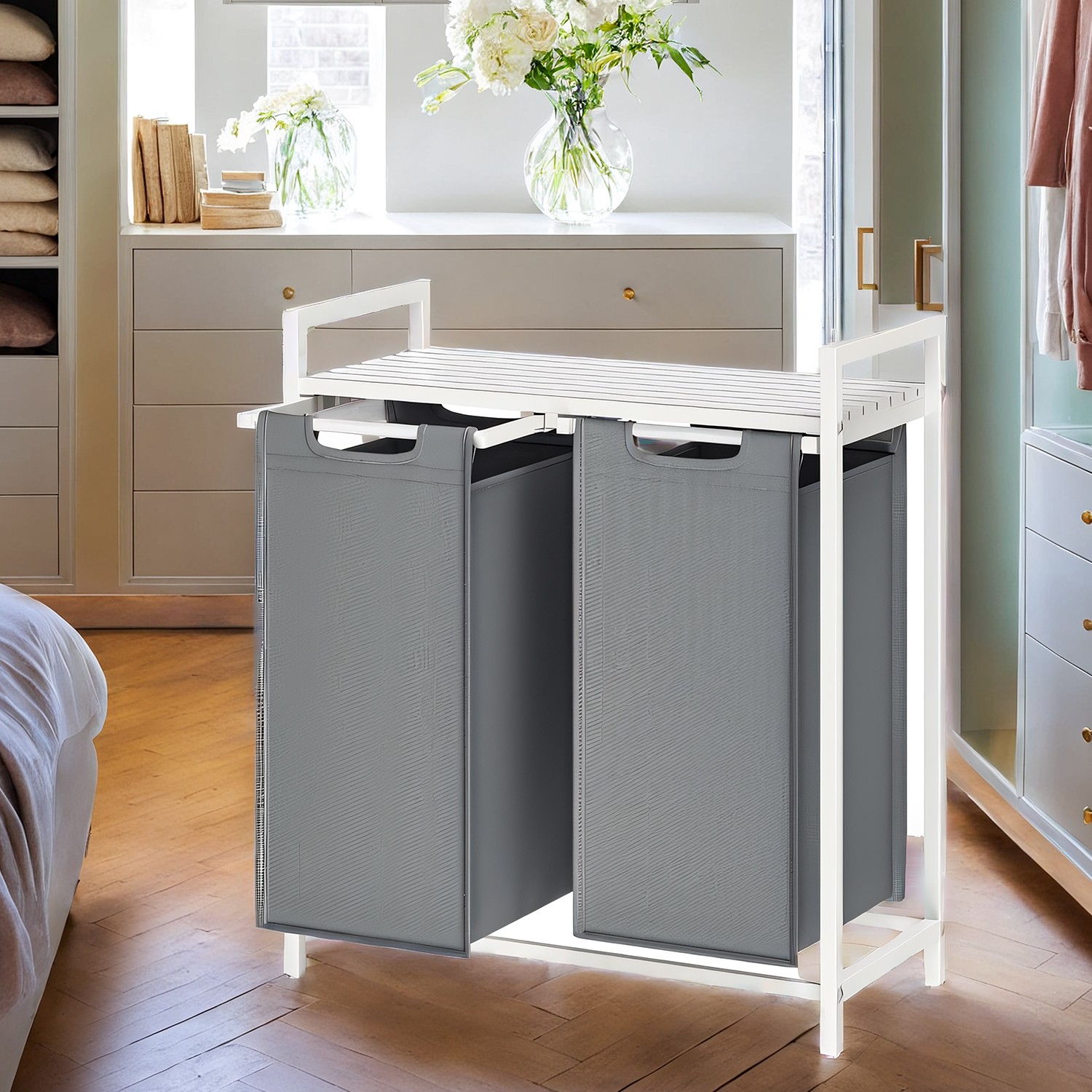 Wäschekorb 2 Fächer, Wäschesammler mit Ablage, Wäschebox