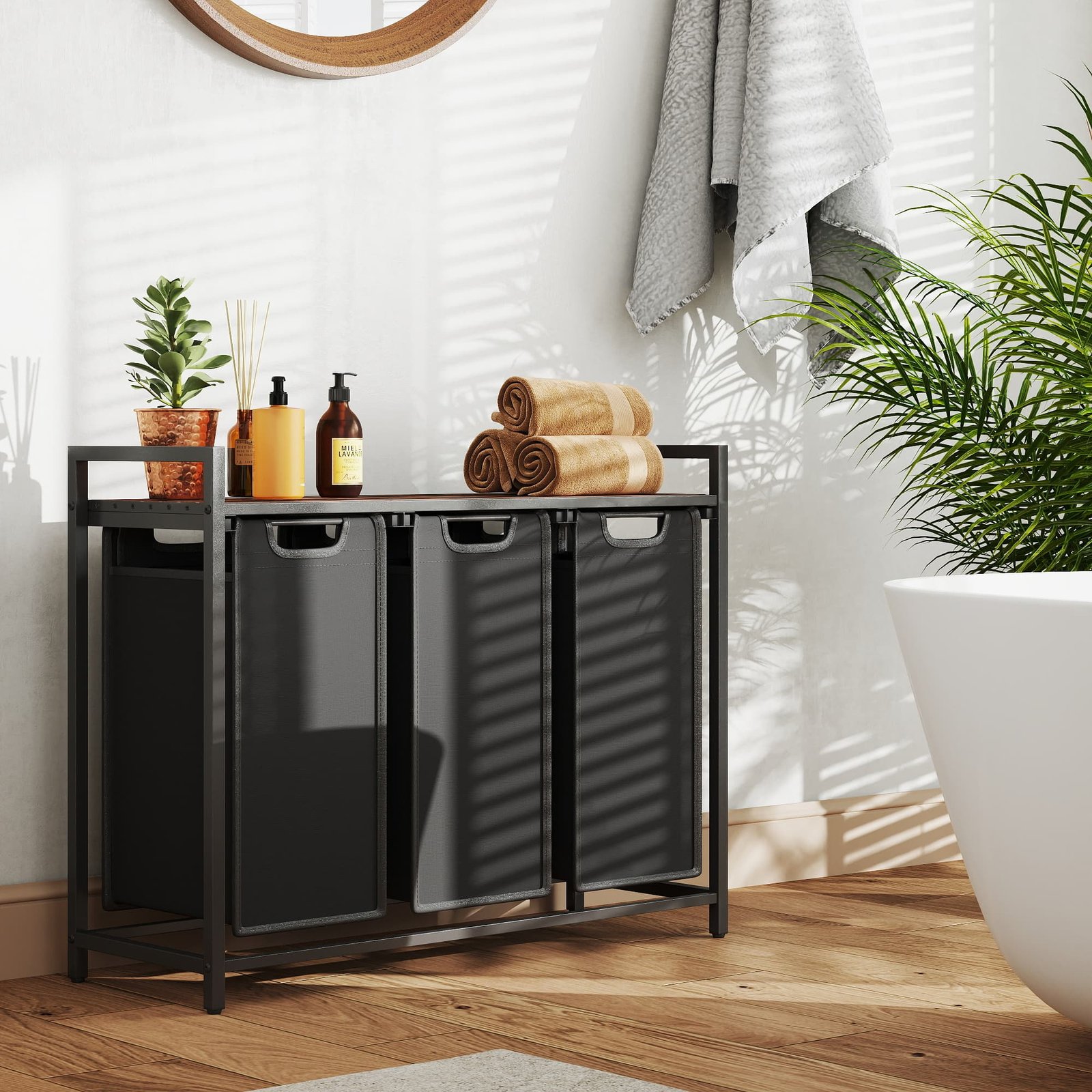 Wäschekorb 3 Fächer, Wäschesammler mit Ablage, Wäschebox