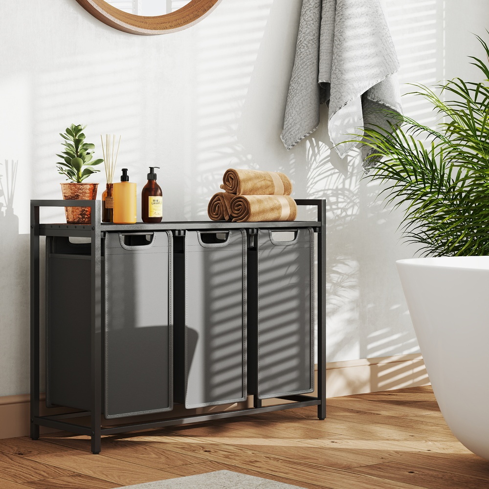 Wäschekorb 3 Fächer, Wäschesammler mit Ablage, Wäschebox