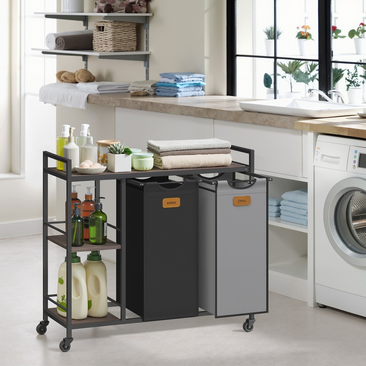 Wäschekorb 2 Fächer, Wäschesammler 100 L, Wäschesortierer