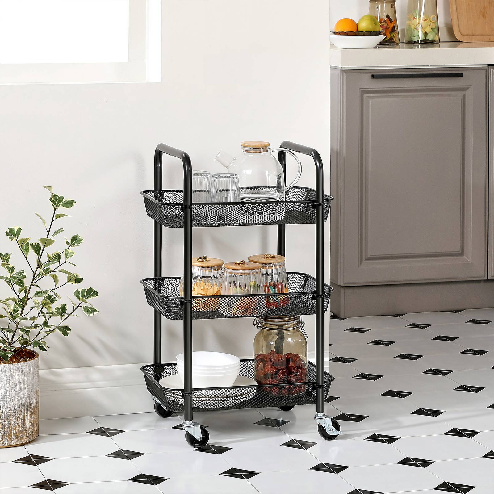 SONGMICS Rollwagen, Küchenwagen mit 3 Ebenen, aus Metall, Küchenregal
