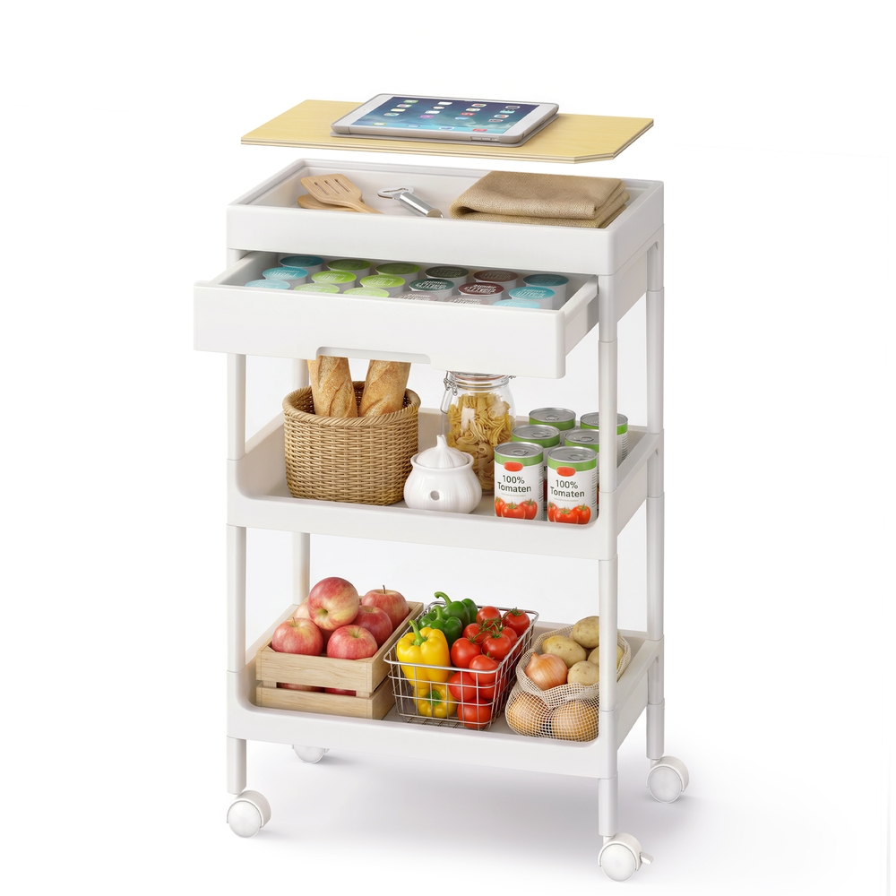SONGMICS Rollwagen 3 Ebenen, Servierwagen mit Rollen, Küchenwagen, abnehmbare Deckplatte als Tablett, mit Schublade, Kunststoff, einfacher Aufbau, Küche, weiß-goldeichenfarben BSC069W101