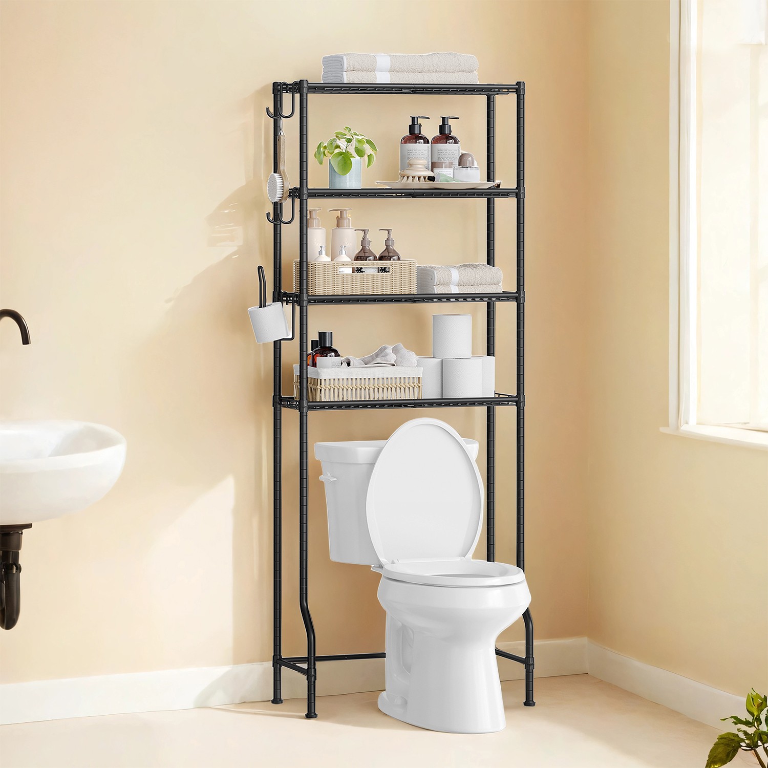 4-stöckiges Toilettenregal mit Haken platzsparend schwarz