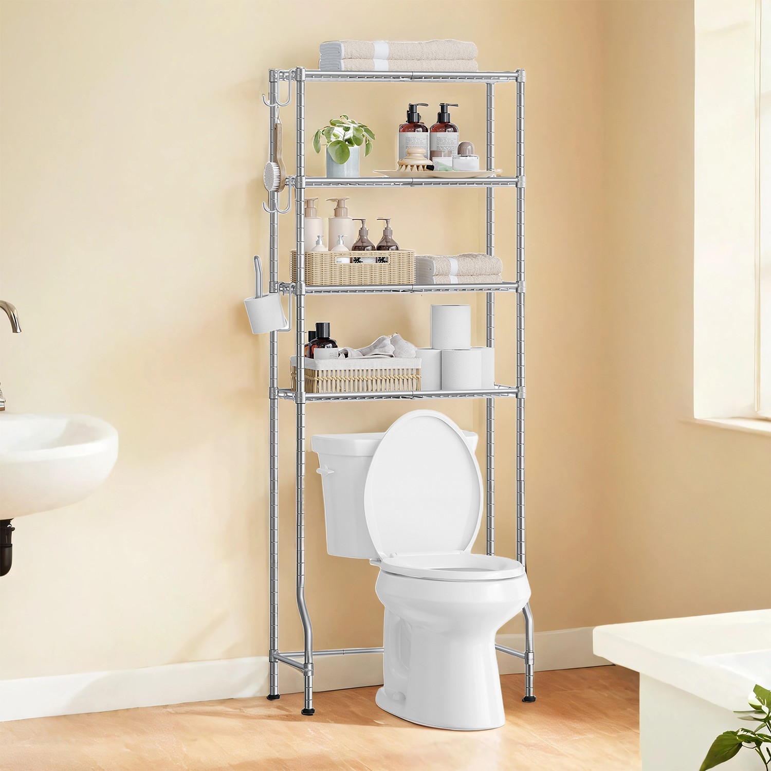 4-stöckiges Toilettenregal mit Ablagen Haken taubengrau
