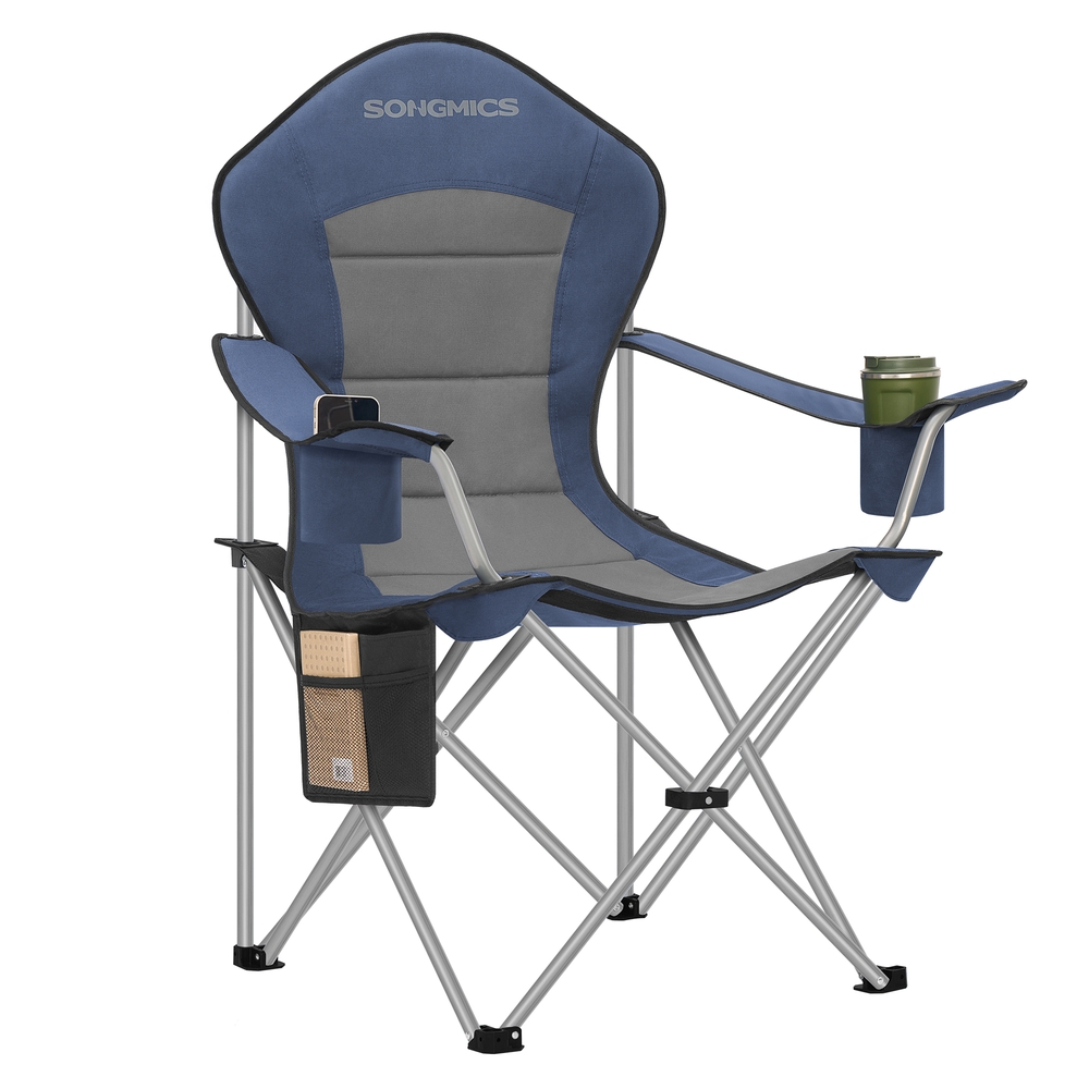 Campingstuhl mit hoher Rückenlehne und breiter Sitzfläche blau-grau