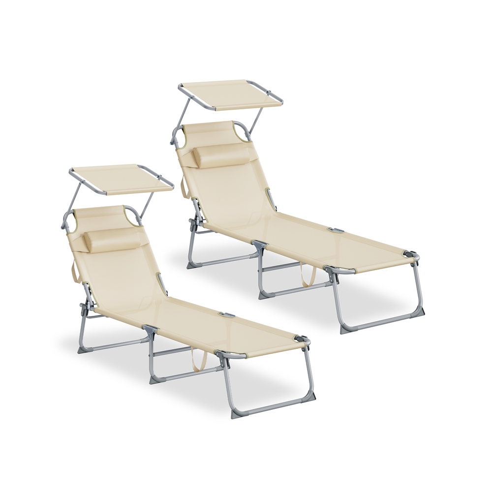 Zweiteiliges Set Klappbarer Sonnenliegen mit verstellbarer Rückenlehne beige