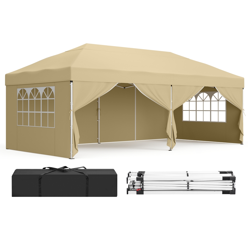 Faltpavillon 3 x 6 m für Garten und Feste mit 6 Seitenwänden beige