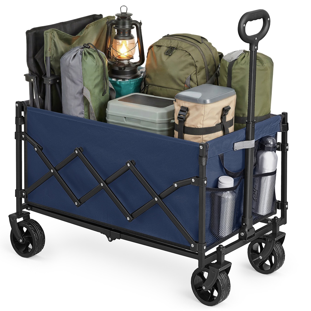 SONGMICS Kleiner Handwagen faltbar, Gartenwagen, kompakt, mit Griff, mit 4 verstärkten Rollen, davon 2 Universalräder, bis 150 kg belastbar, Outdoor, Garten, 150 L, mitternachtsblau GFW150QE01