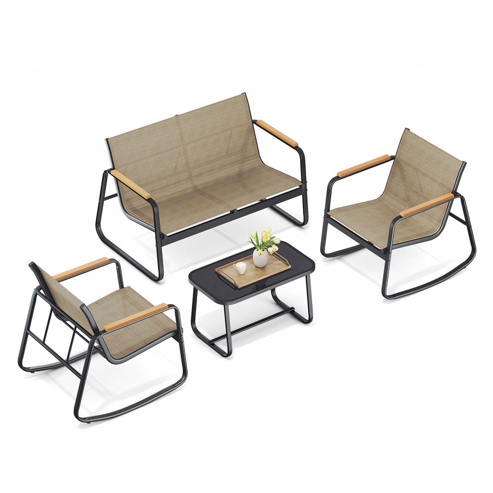 Gartenmöbel Set mit 2 Schaukelstühlen und Tisch Gelbbraun