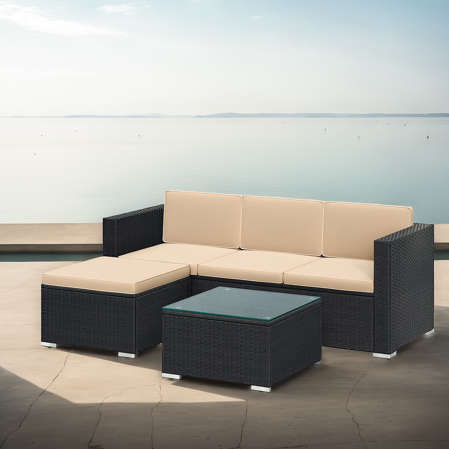 Gartenmöbel-Set, Terrassenmöbel aus PE-Polyrattan, Balkonmöbel mit Kissen und Glastisch