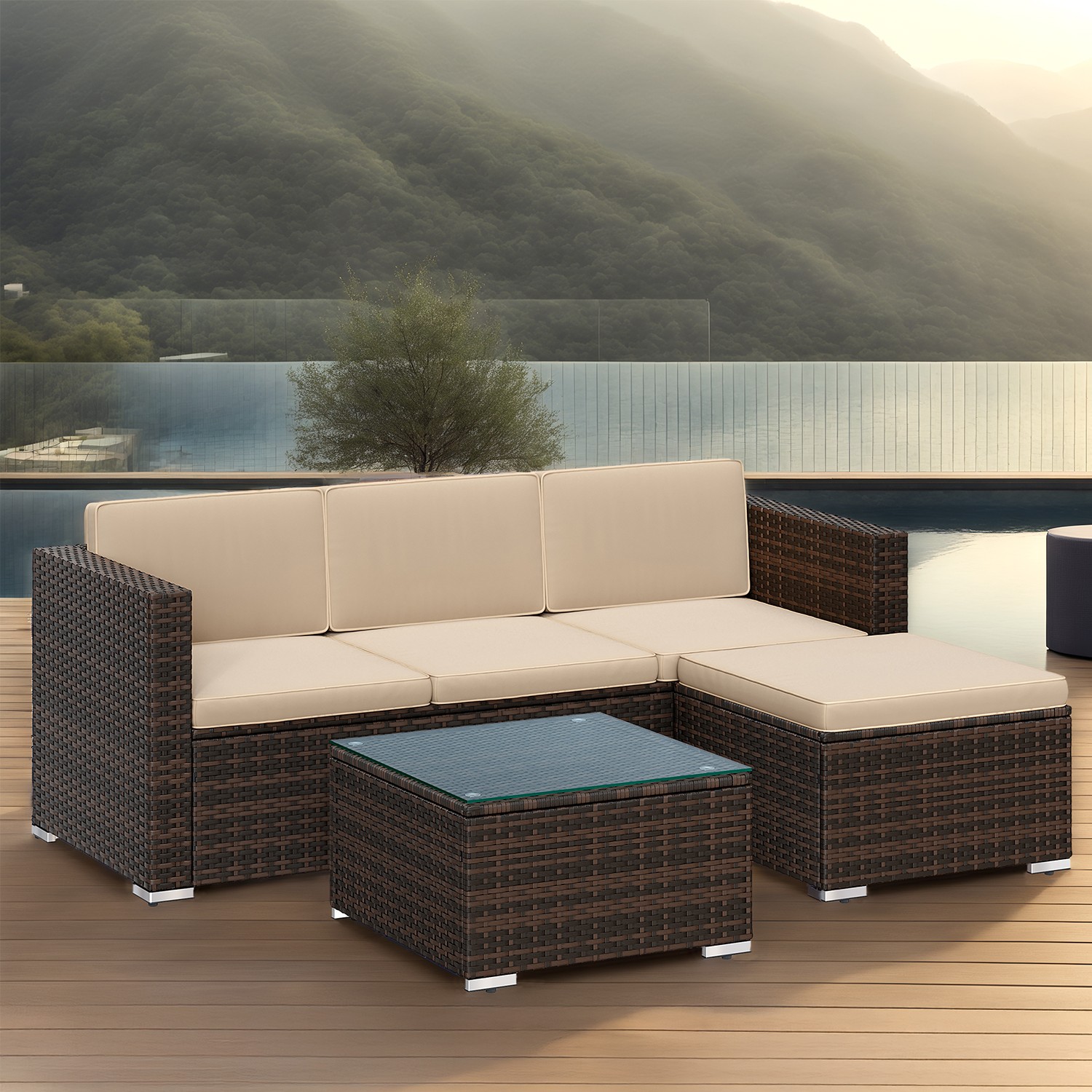 Gartenmöbel-Set, Terrassenmöbel aus PE-Polyrattan, Balkonmöbel mit Kissen und Glastisch