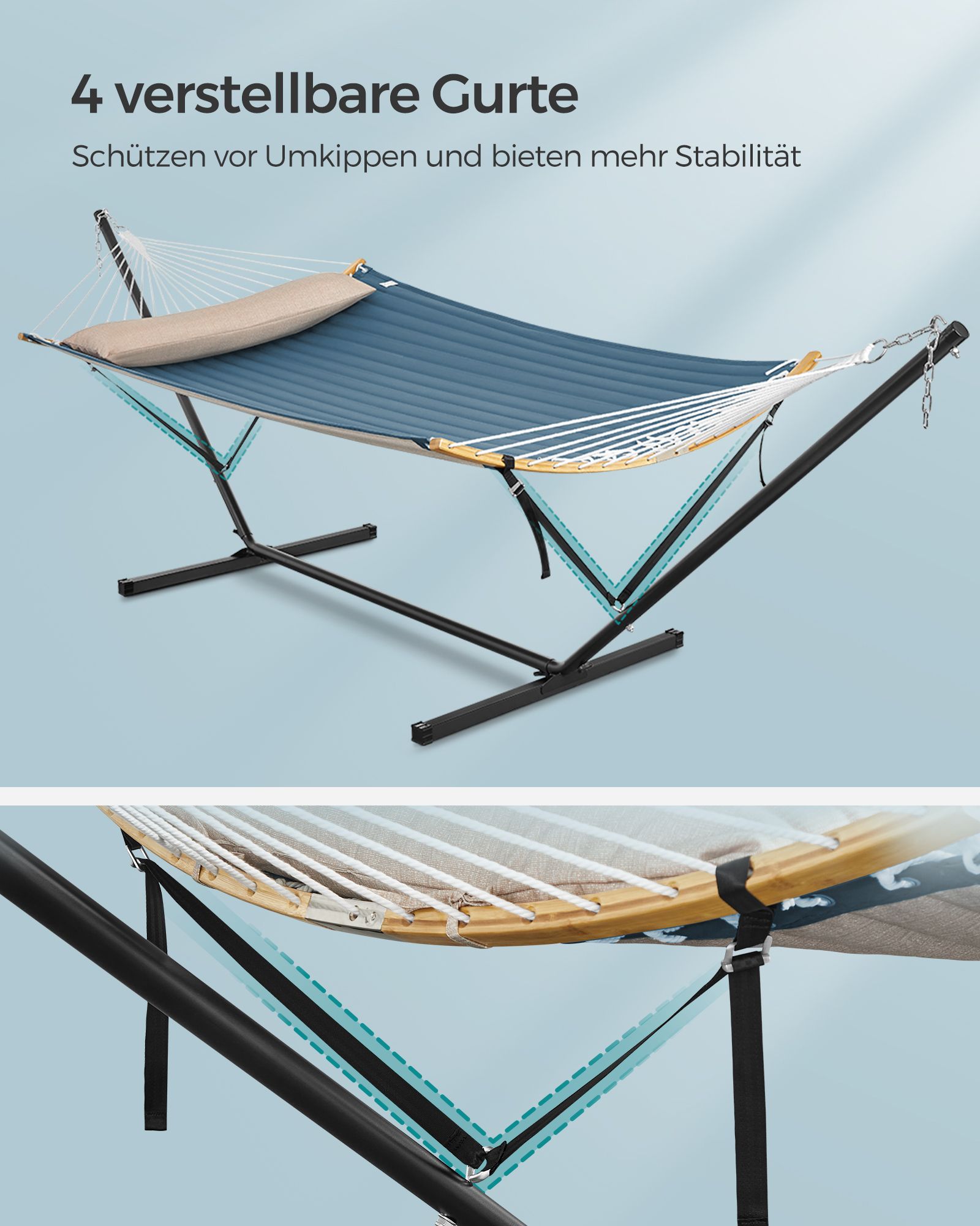 Hamakas su mėlynu metaliniu rėmu