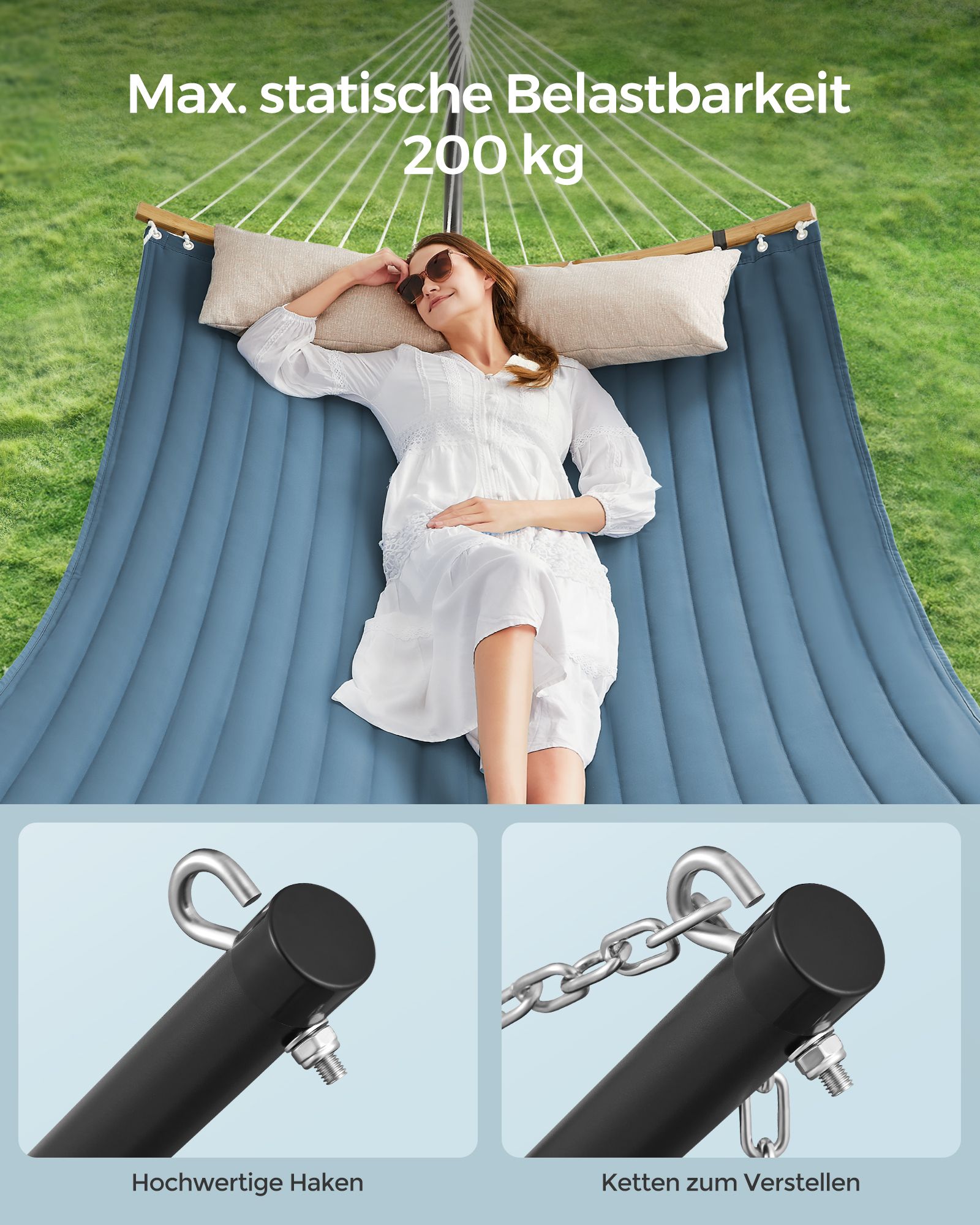 Hamakas su mėlynu metaliniu rėmu