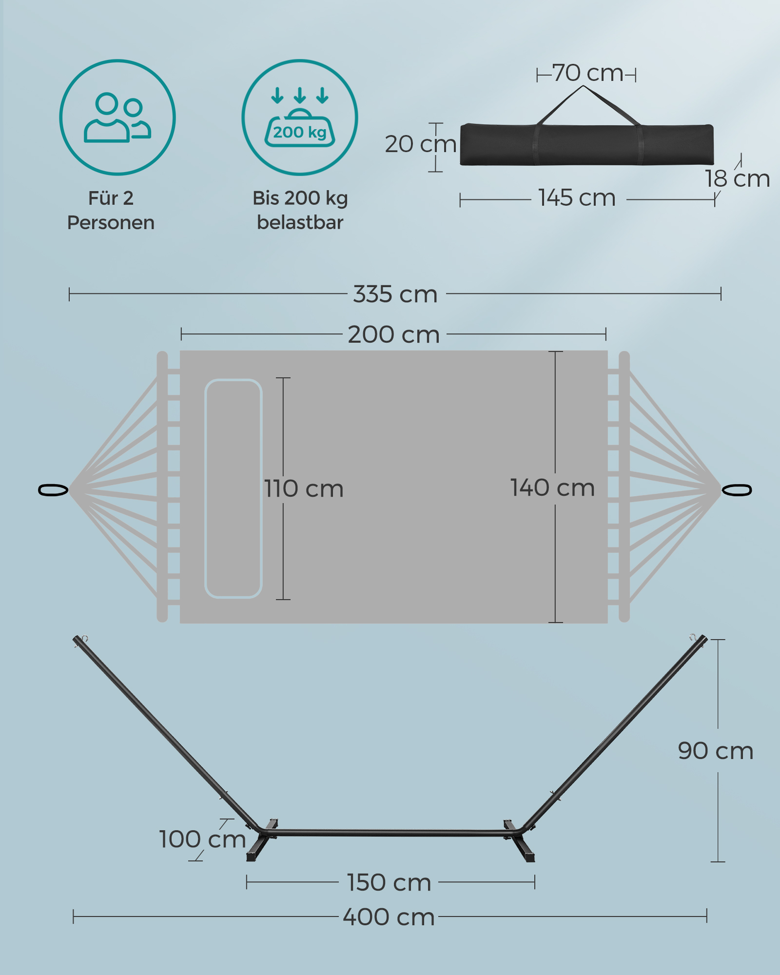 Hamakas su mėlynu metaliniu rėmu