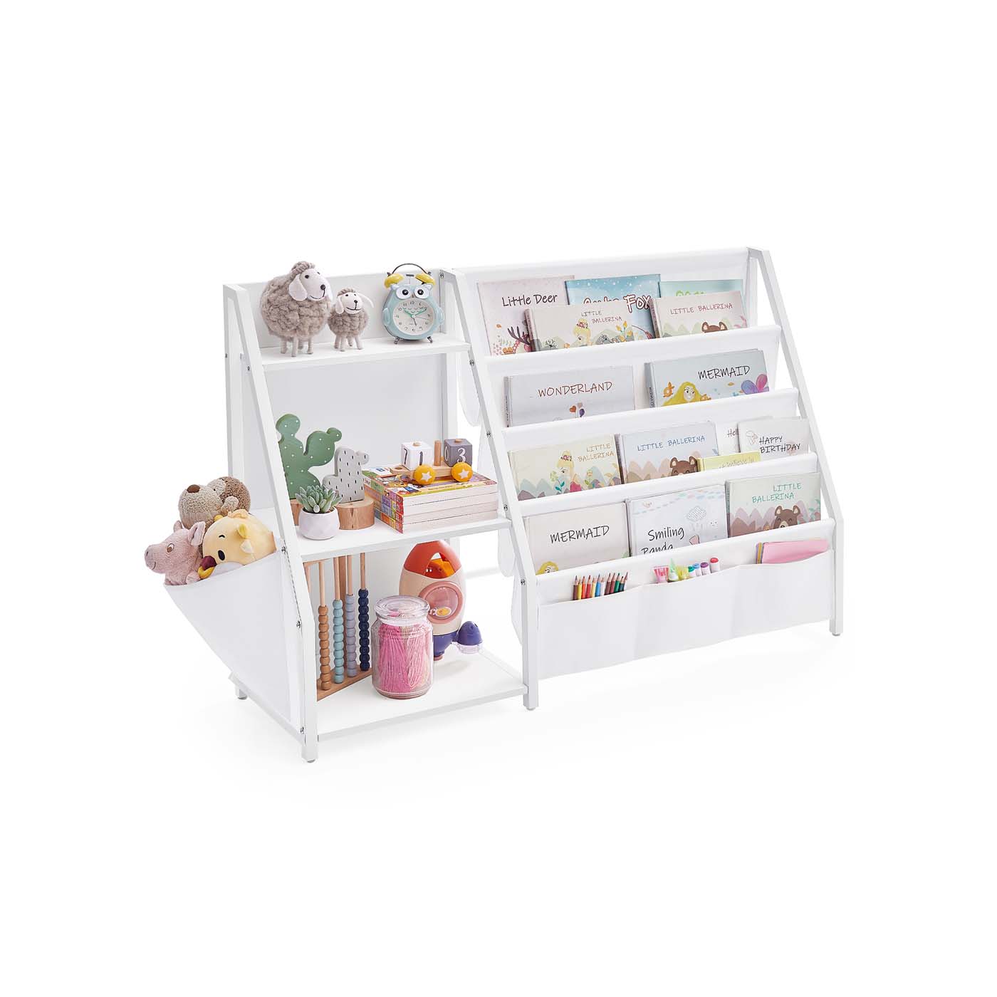 Kinder Bücherregal mit Seitentasche und Spielzeugfächern